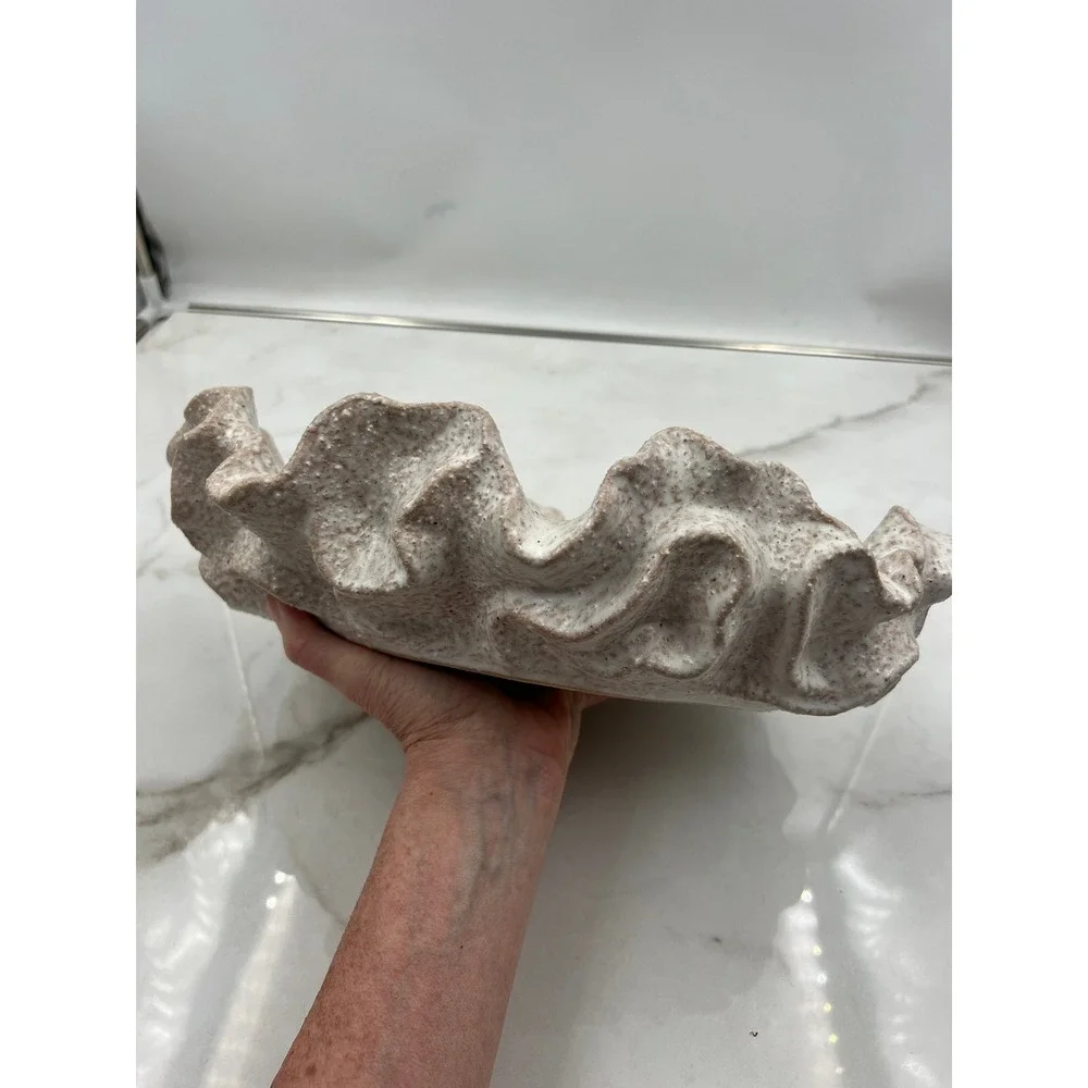 Ceramic Sylvia Bowl Planter Ruffled Clam Shell Speckled Neutral Coastal